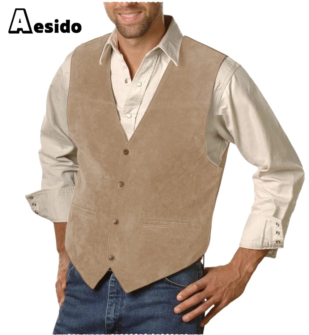 aesido Mens Single Breasted V Lapel Casual Suede Waistcoat