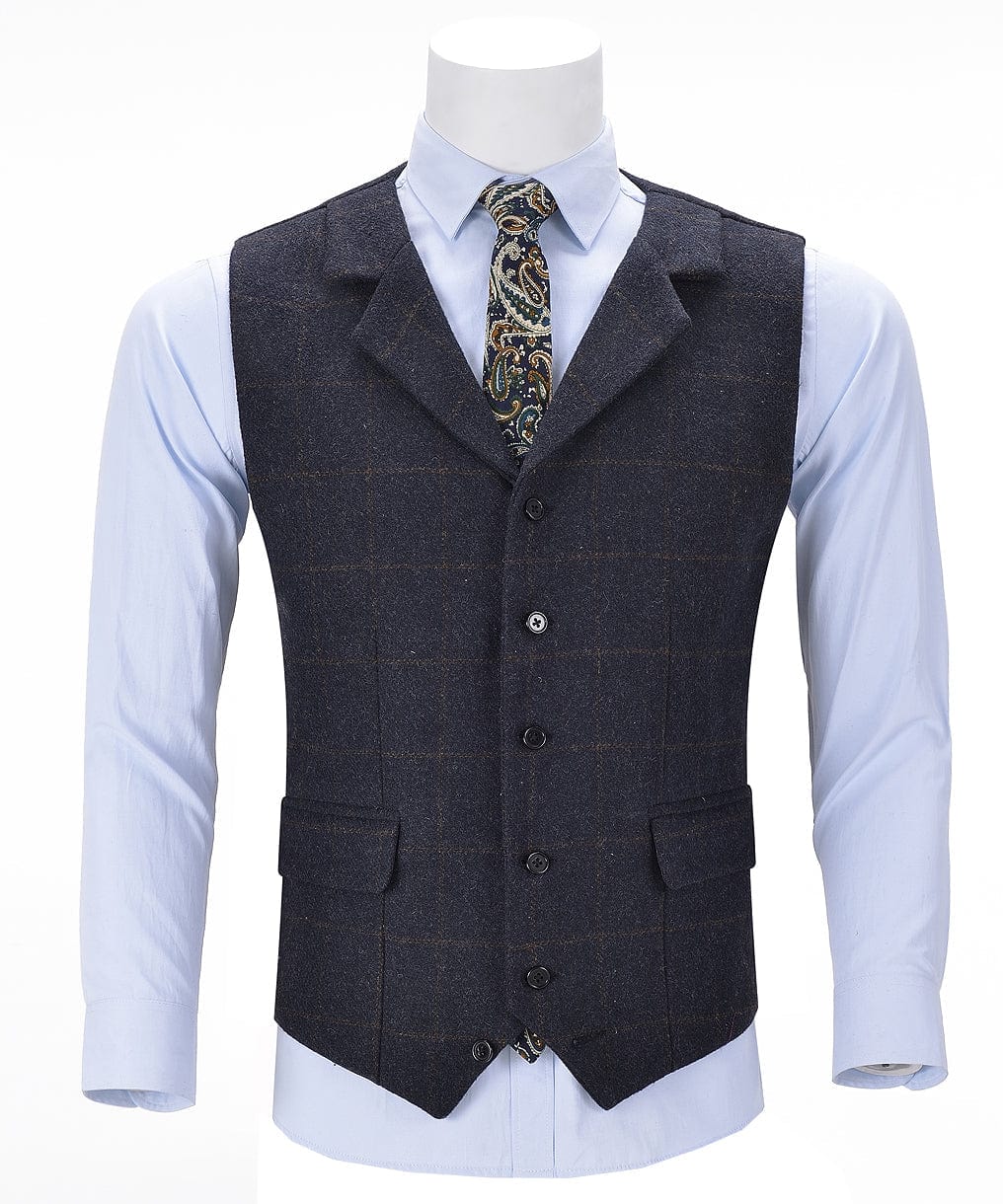 aesido Navy Formal Plaid Notch Lapel Waistcoat Slim Fit Suit Vest