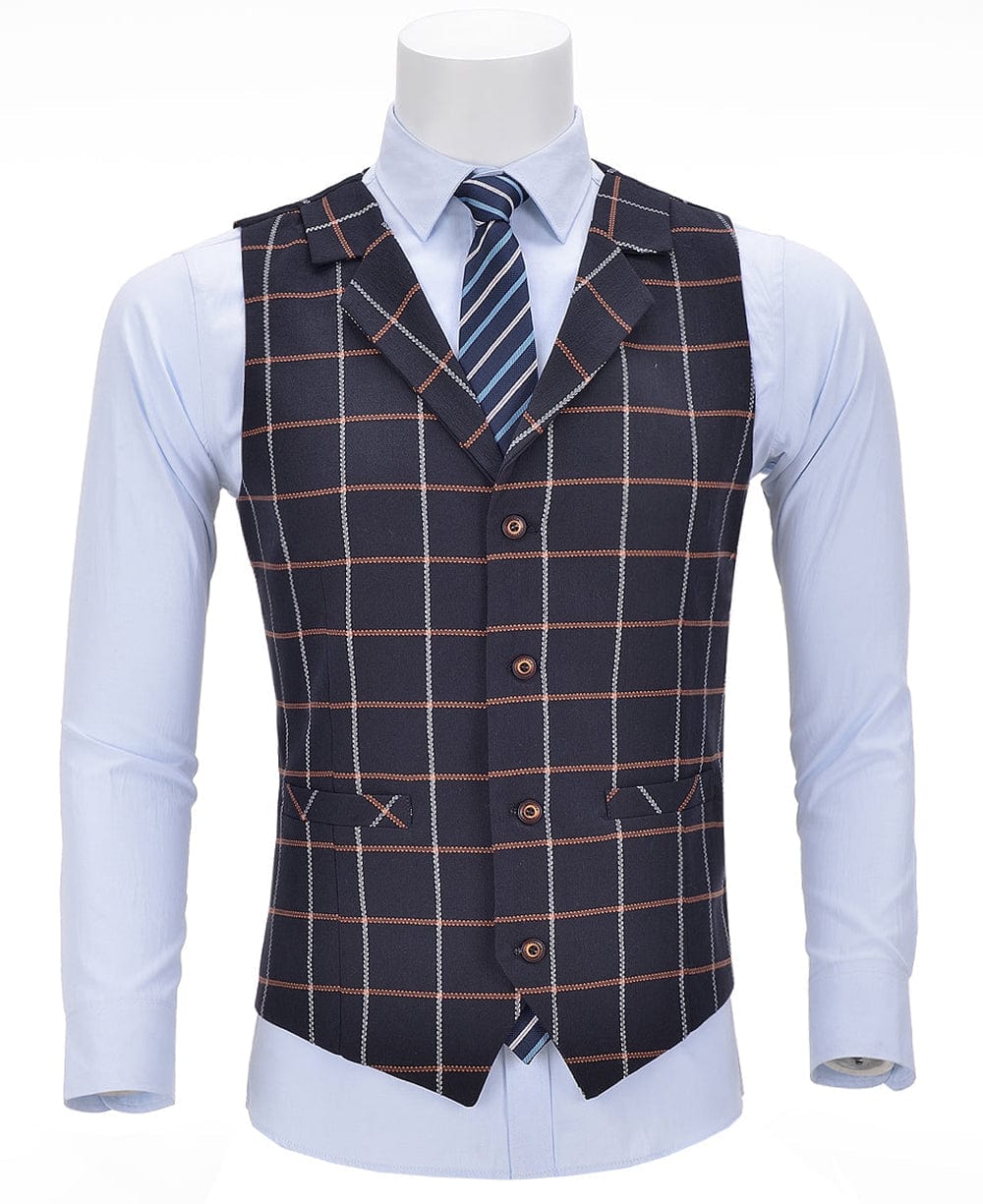 aesido Navy Formal Suit Vest Plaid V Neck Waistcoat