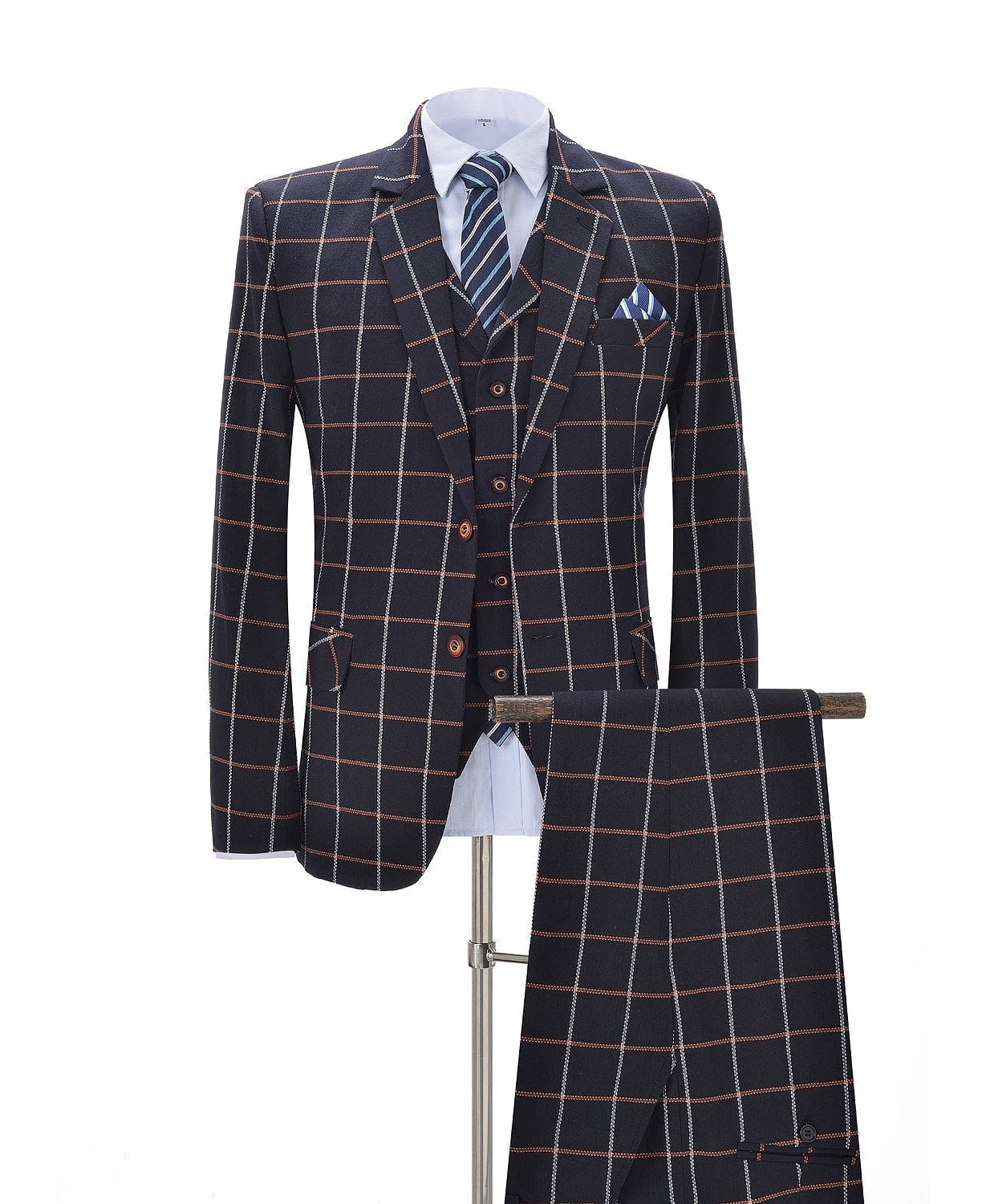 aesido Notch Lapel Plaid 3 Pieces Mens Suit For Wedding (Blazer+vest+Pants)