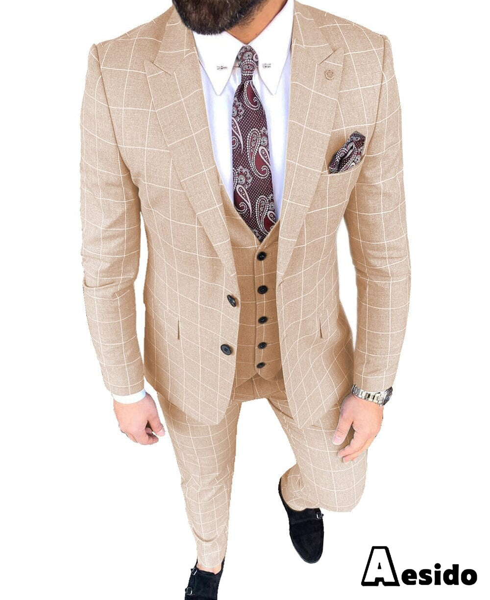 aesido Plaid Peak Lapel 3 Pieces Mens Suit (Blazer+vest+Pants)