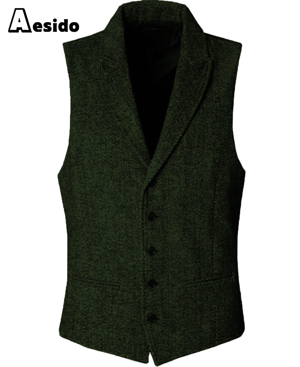 aesido Slim Fit Herringbone Peak Lapel Waistcoat