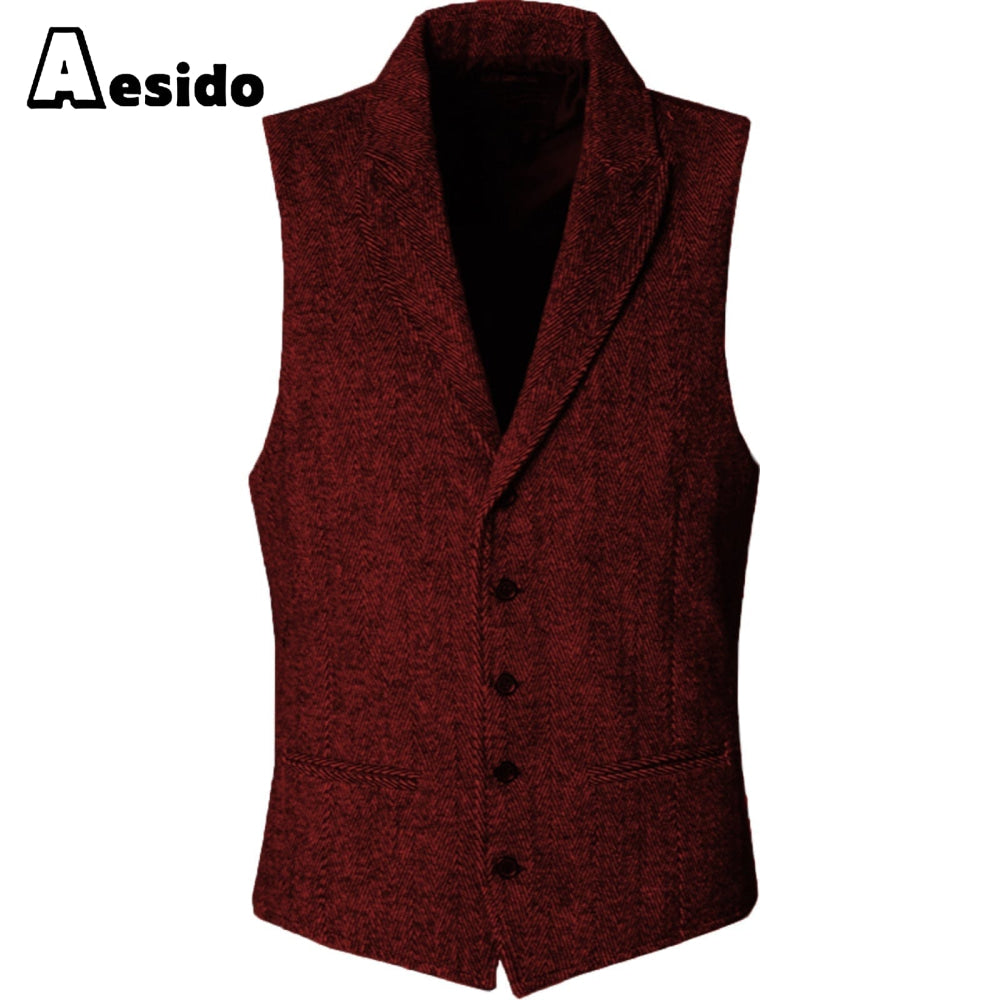 aesido Slim Fit Herringbone Peak Lapel Waistcoat