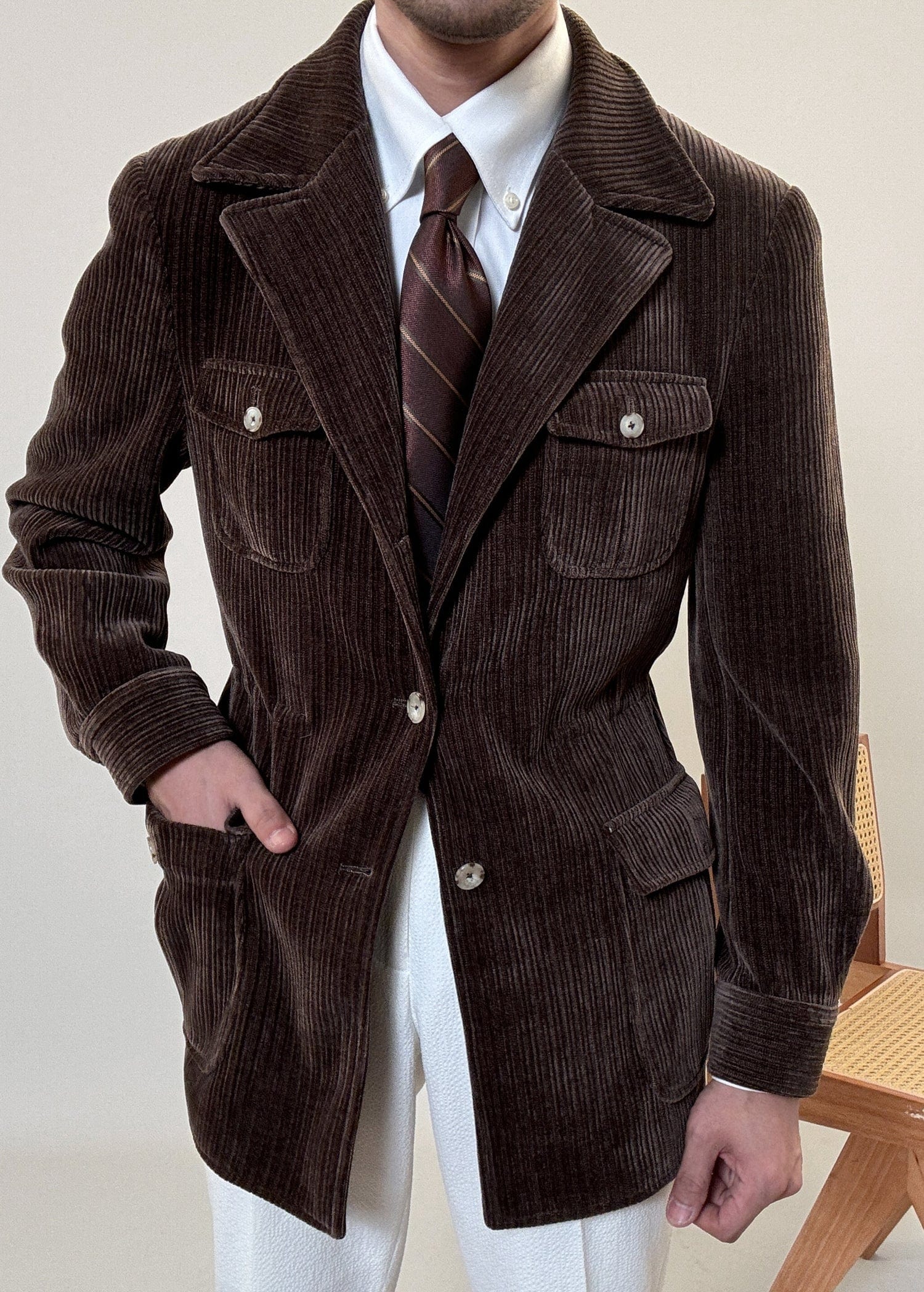 aesido Spring Corduroy Jacket Lapel Retro Trend Business Casual Men's Jacket