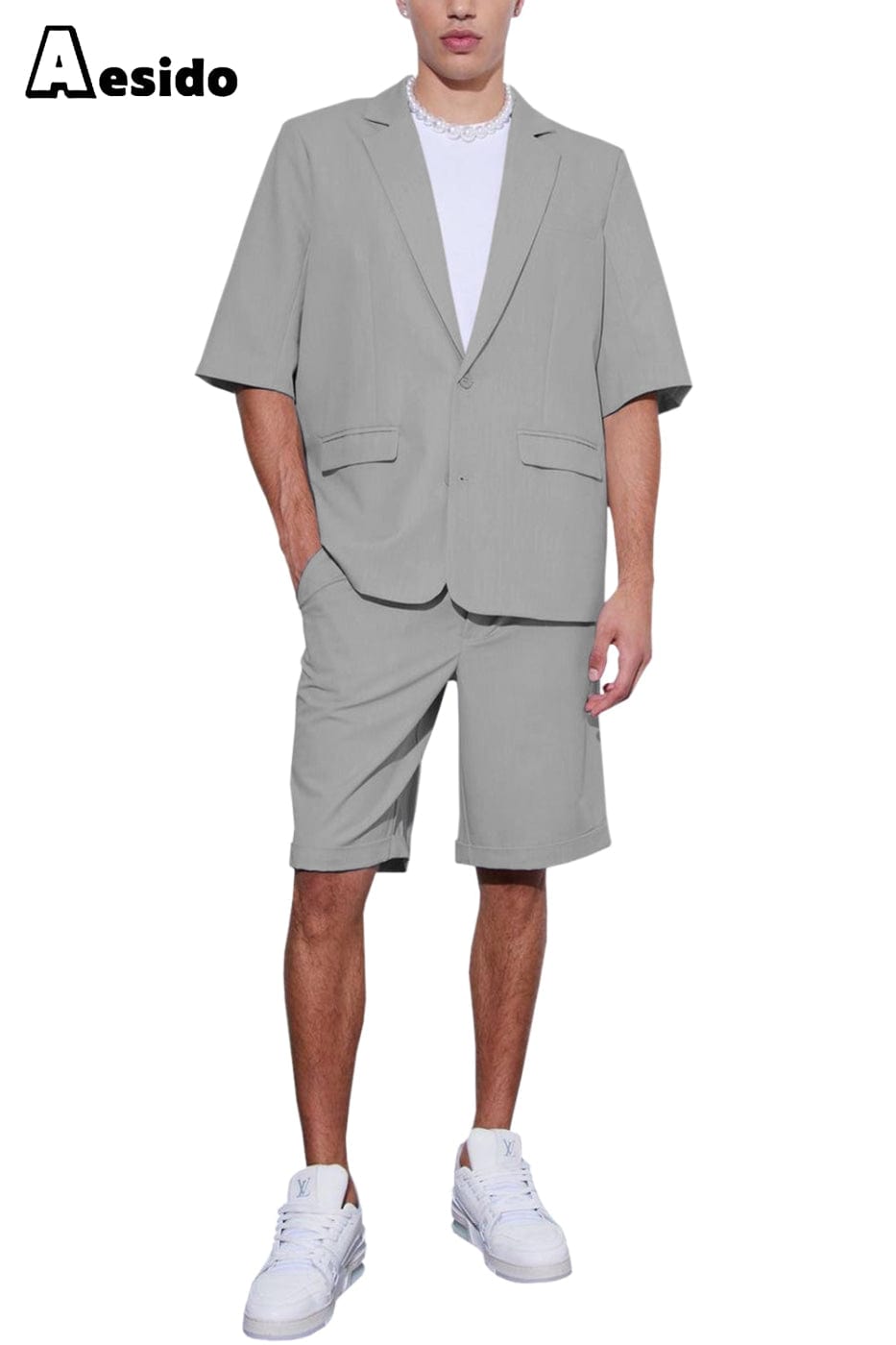 aesido Summer Casual Notch Lapel Men's Suit (Blazer+Shorts)