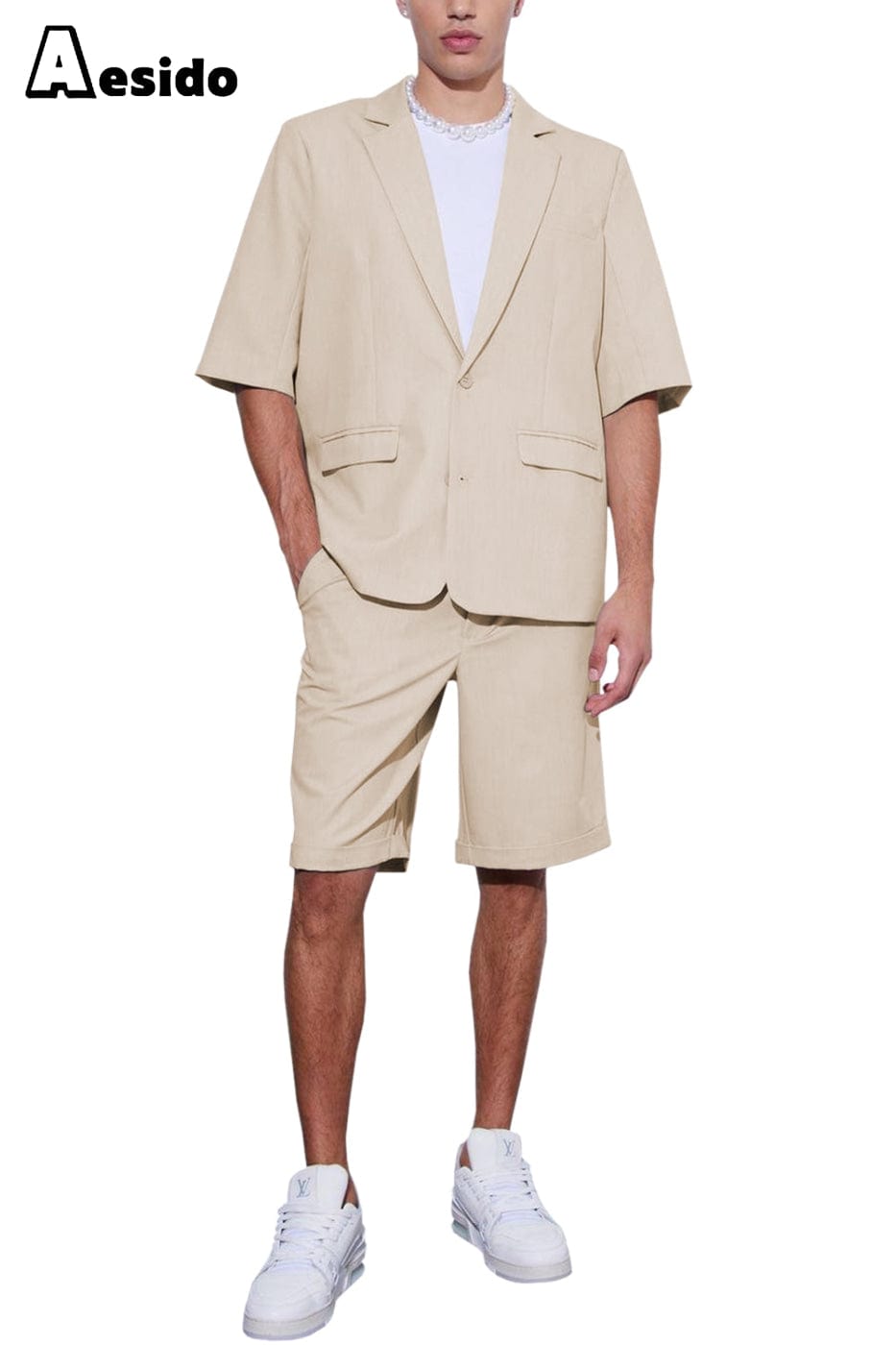 aesido Summer Casual Notch Lapel Men's Suit (Blazer+Shorts)