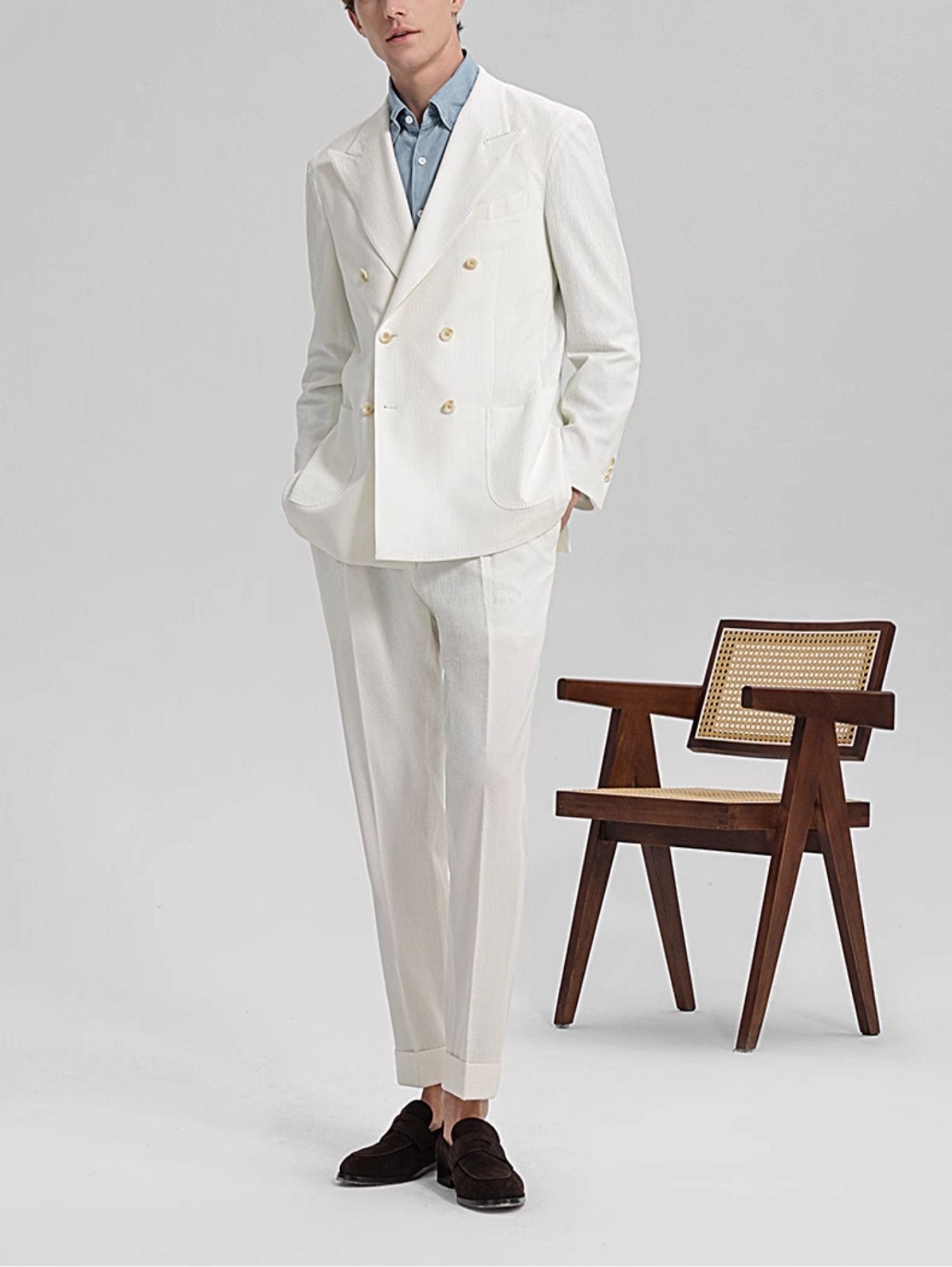 aesido White 2 Piece Seersucker Double Breasted Notch Lapel Mens Suit